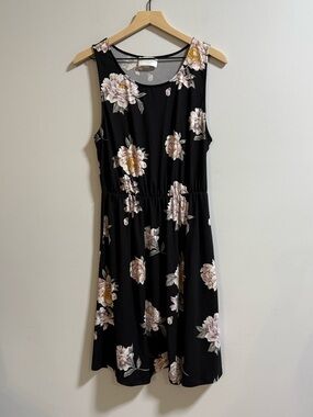 French Grey Black Midi Dress with Pink Floral Print
